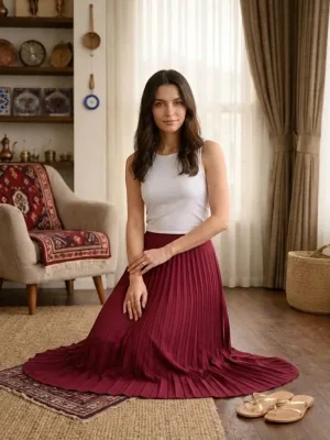 Bordowa damska satynowa plisowana spódnica midi, elegancka i stylowa
