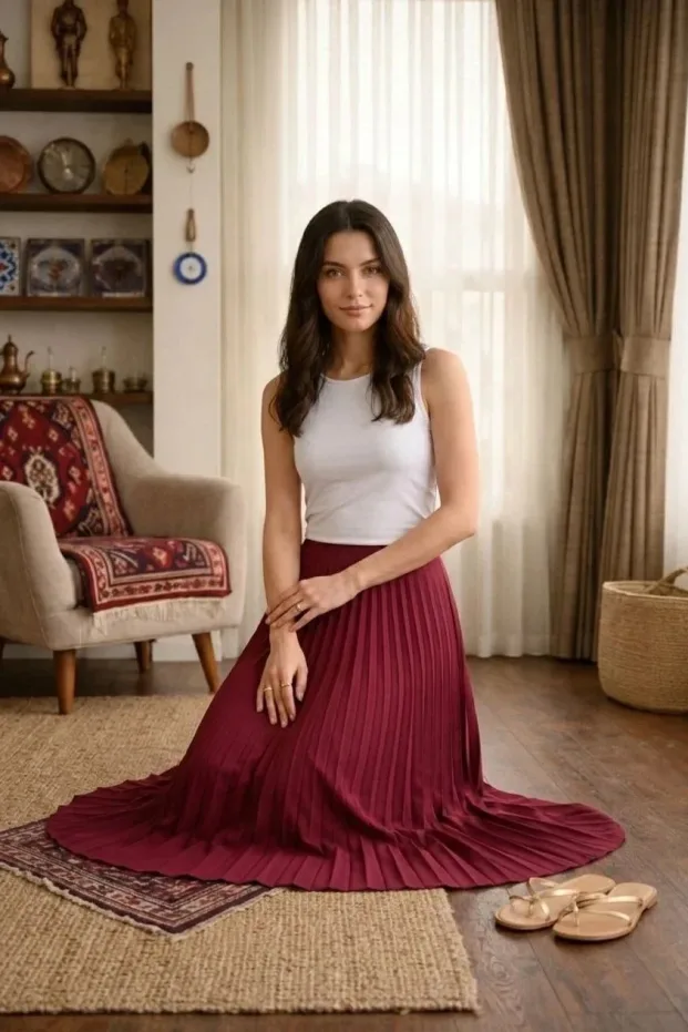 Ženska bordo satenska plisirana midi suknja, elegantna i sofisticirana 1