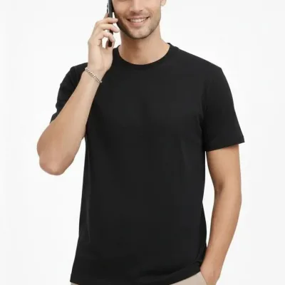 Bărbați Negru Regular Guler Bicicletă Drept Mânecă Scurtă Tricou 2