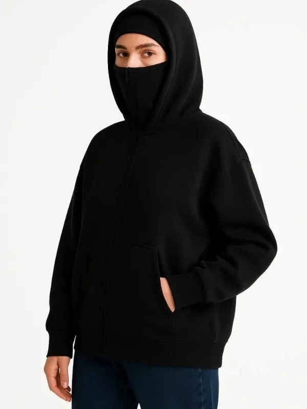 Femeie Neagră 3 Fire Dublă Glugă Mască Detalii Hoodie 5