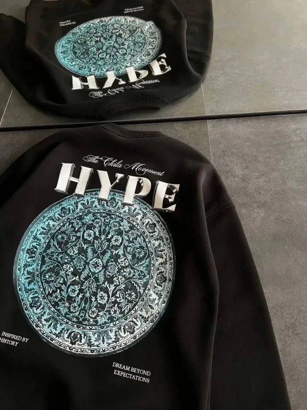 Qadın Qara Oversize 3 İplik Pambıqlı Velosiped Yaxa Baskılı Sviter 3
