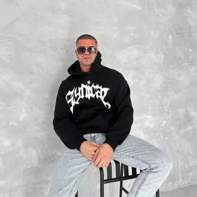 Bărbați Negru Oversize 3 Fire Bumbac Hanorac cu Glugă Imprimat Buzunar 2