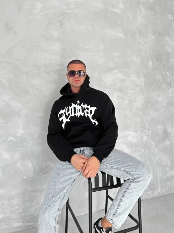 Bărbați Negru Oversize 3 Fire Bumbac Hanorac cu Glugă Imprimat Buzunar 2