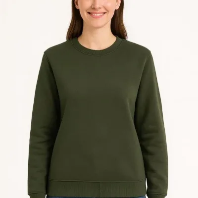 Women's Khaki 3-Thread Cotton Crew Neck Sweatshirt 2