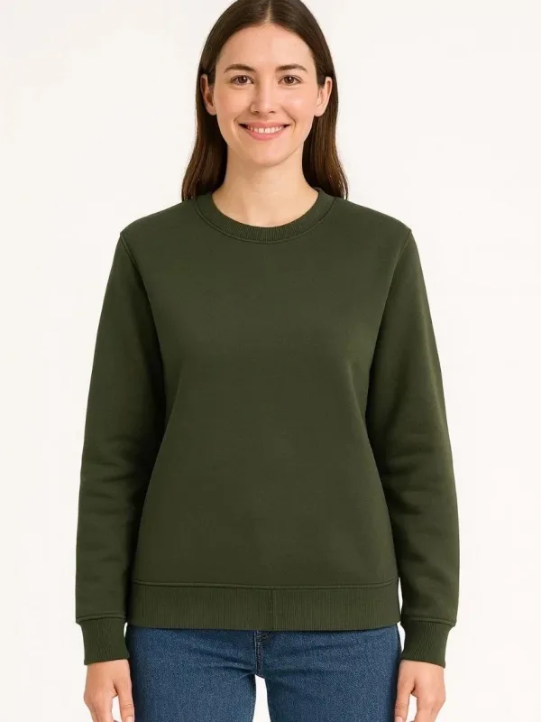 Women's Khaki 3-Thread Cotton Crew Neck Sweatshirt 2