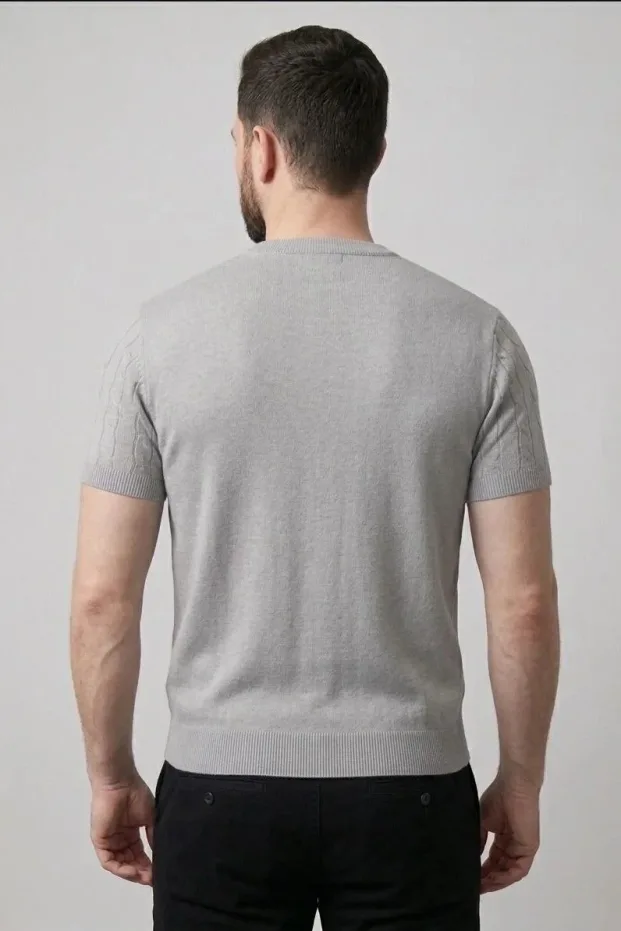 Erkek Gri Oversize Bisiklet Yaka Örgü Desenli Triko Tişört 5