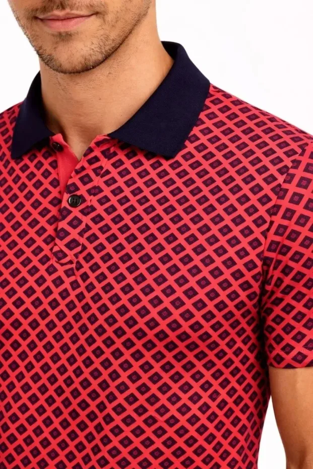 Erkek Kırmızı Pike Kumaş Polo Yaka Desenli Yazlık Tişört 1