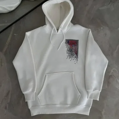 Mêr Spî 3 Têl Pembeyî Çapkirî Kapûşonî Kangurû Cêbî Sweatshirt 5