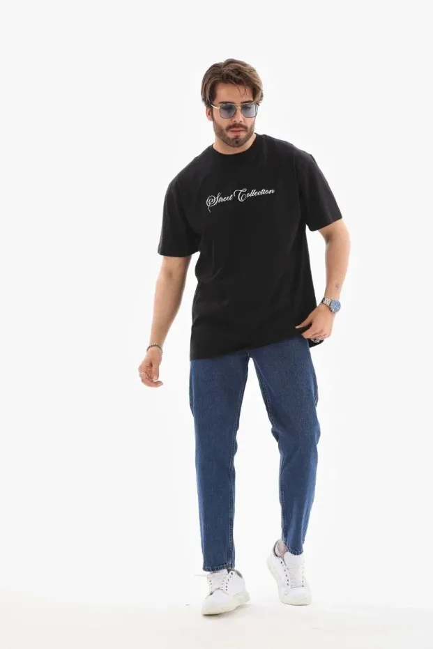Muška crna oversized bicikli kragna štampana letnja majica 5
