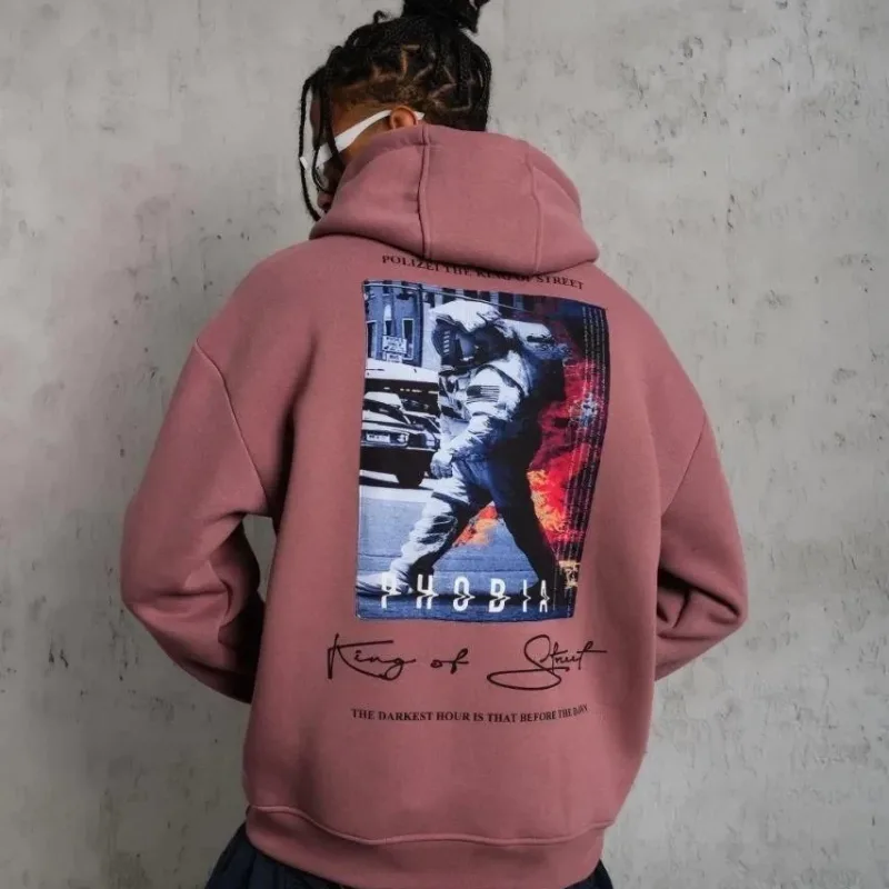 Muška roze oversize 3-nitna pamučna kapuljača s printom