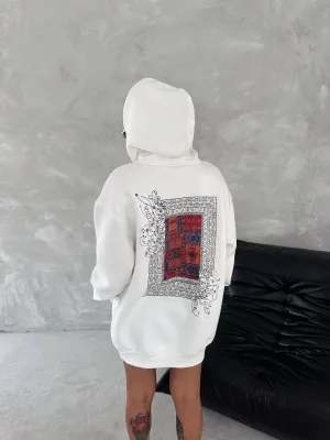 Jinê Spî 3 Têl Pembû Hoodî Bikapûşon Cêbê Kangurû Çapkirî Sweatshirt