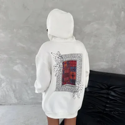Jinê Spî 3 Têl Pembû Hoodî Bikapûşon Cêbê Kangurû Çapkirî Sweatshirt 1