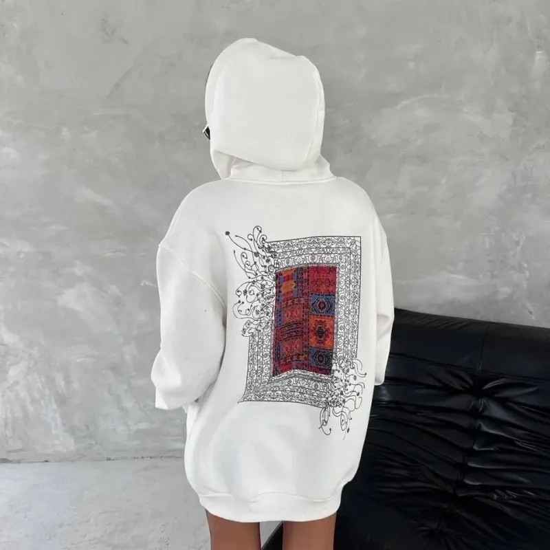 Jinê Spî 3 Têl Pembû Hoodî Bikapûşon Cêbê Kangurû Çapkirî Sweatshirt