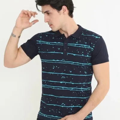 Férfi Sötétkék Slim Fit Pike Csíkos Rövid Ujjú Polo Póló 3