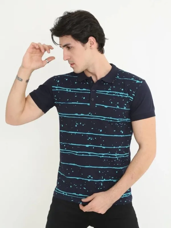 Férfi Sötétkék Slim Fit Pike Csíkos Rövid Ujjú Polo Póló 3