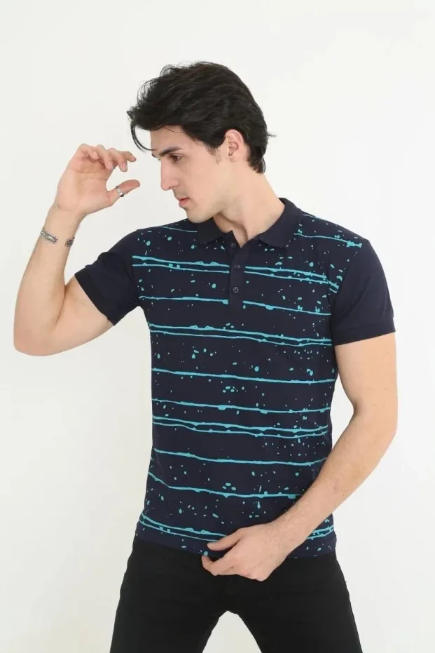 Muški Tamnoplavi Slim Fit Pike Prugasti Kratki Rukav Polo Majica 3