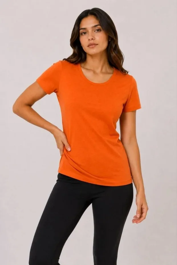 Dámské oranžové slim fit tričko s kulatým výstřihem, základní 1