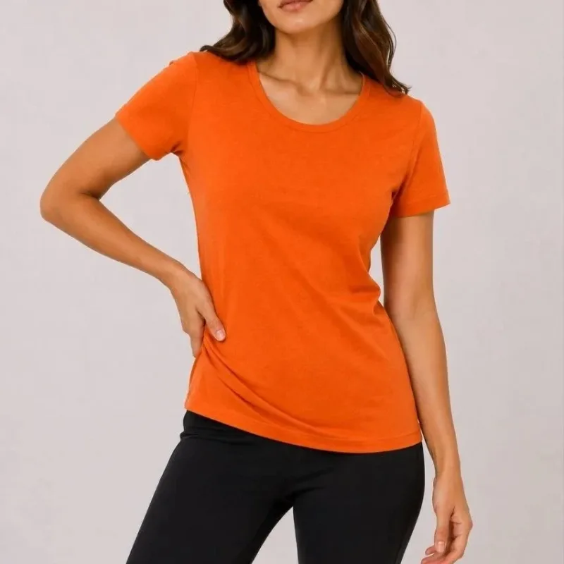 Γυναικείο Πορτοκαλί Slim Fit Ποδήλατο Λαιμό Basic Τ-Shirt