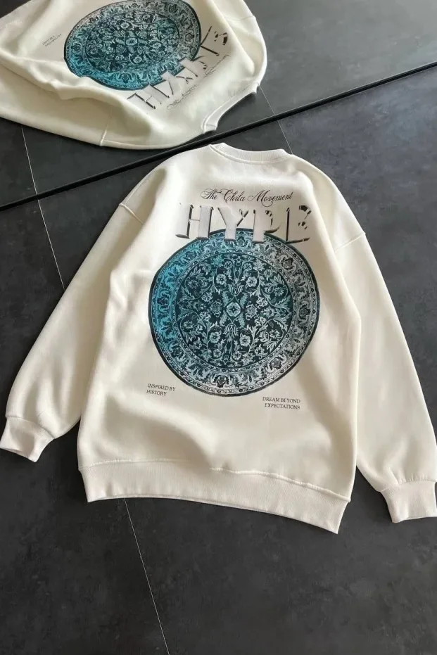 Női Fehér 3 Szálas Pamut Kerékpárnyakú Nyomott Sweatshirt 4
