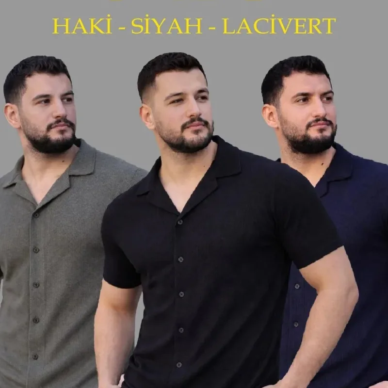 Men's 3-Piece Set Waffle Fabric Collared Short Sleeve Buttoned Shirt