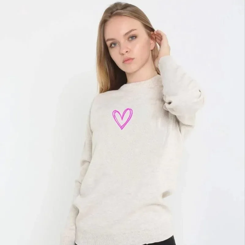 Women's Beige Oversize Bicycle Neck Printed Knit Sweater