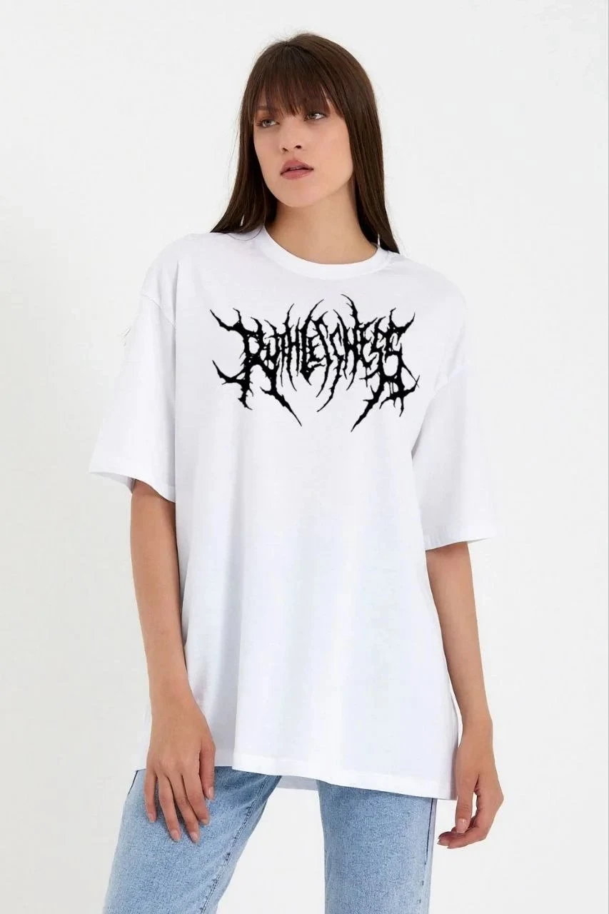 Femeie Tricou Alb Oversize cu Guler Bicicletă, Imprimare