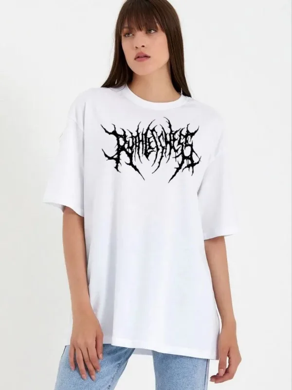 Femeie Tricou Alb Oversize cu Guler Bicicletă, Imprimare 1