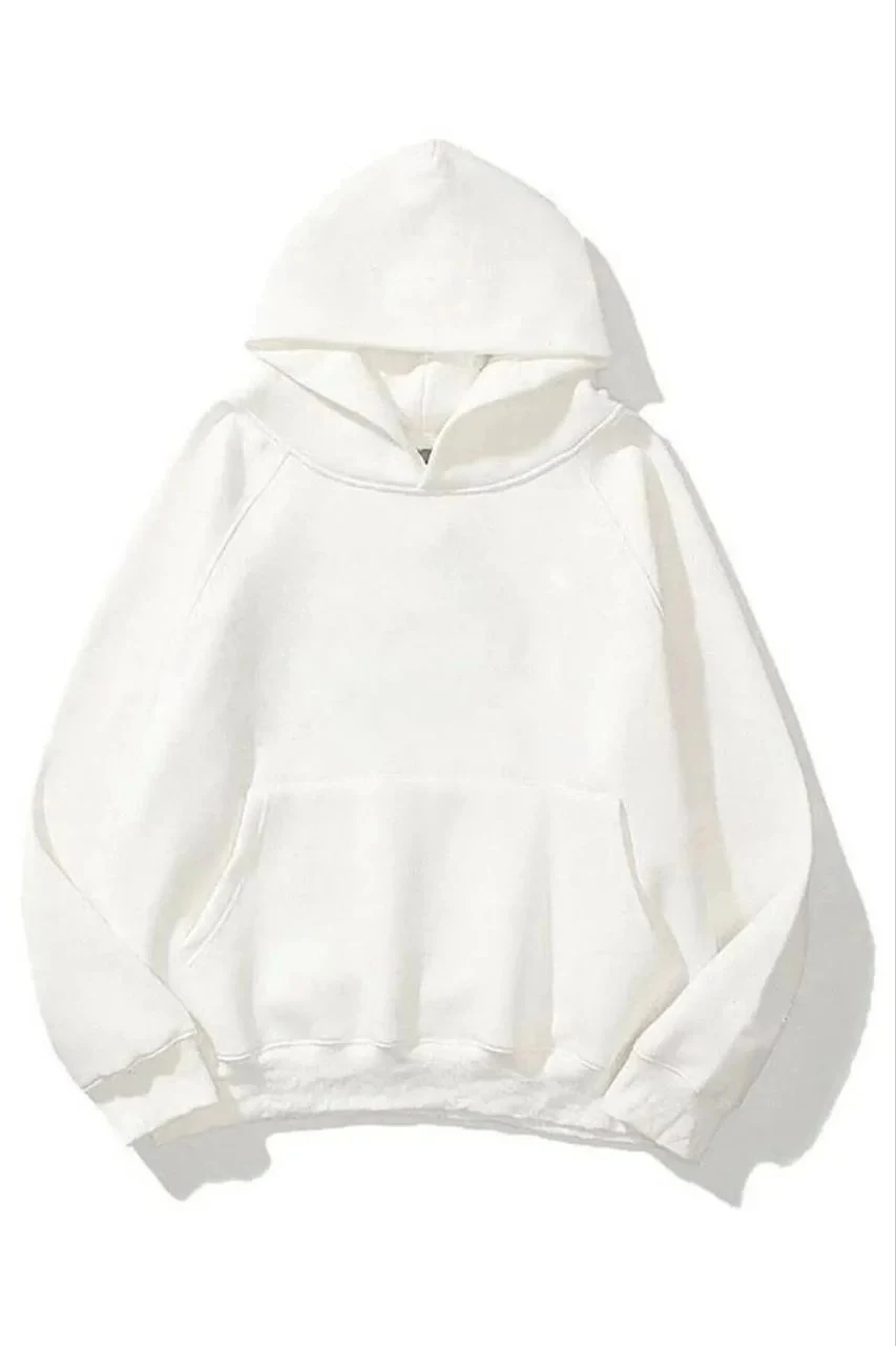 Women's White 3-Thread Cotton Hooded Kangaroo Pocket Plain Sweatshirt