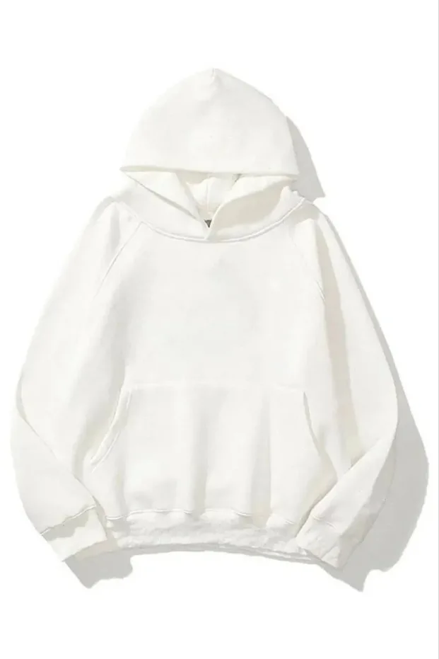 Kadın Beyaz 3 İplik Pamuklu Kapüşonlu Kanguru Cepli Düz Sweatshirt 1