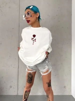 Women's White Oversize Crew Neck Printed Short Sleeve T-Shirt