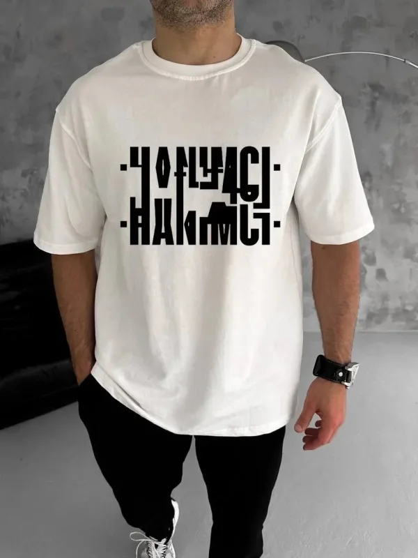 Fehér Oversize Kerékpárnyakú Nyomott Hajtogatott Póló 1