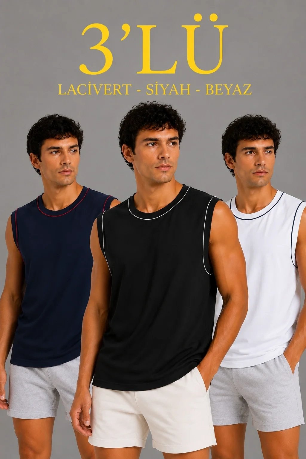 Erkek 3'lü Set Bisiklet Yaka Kolsuz Sporcu Atlet