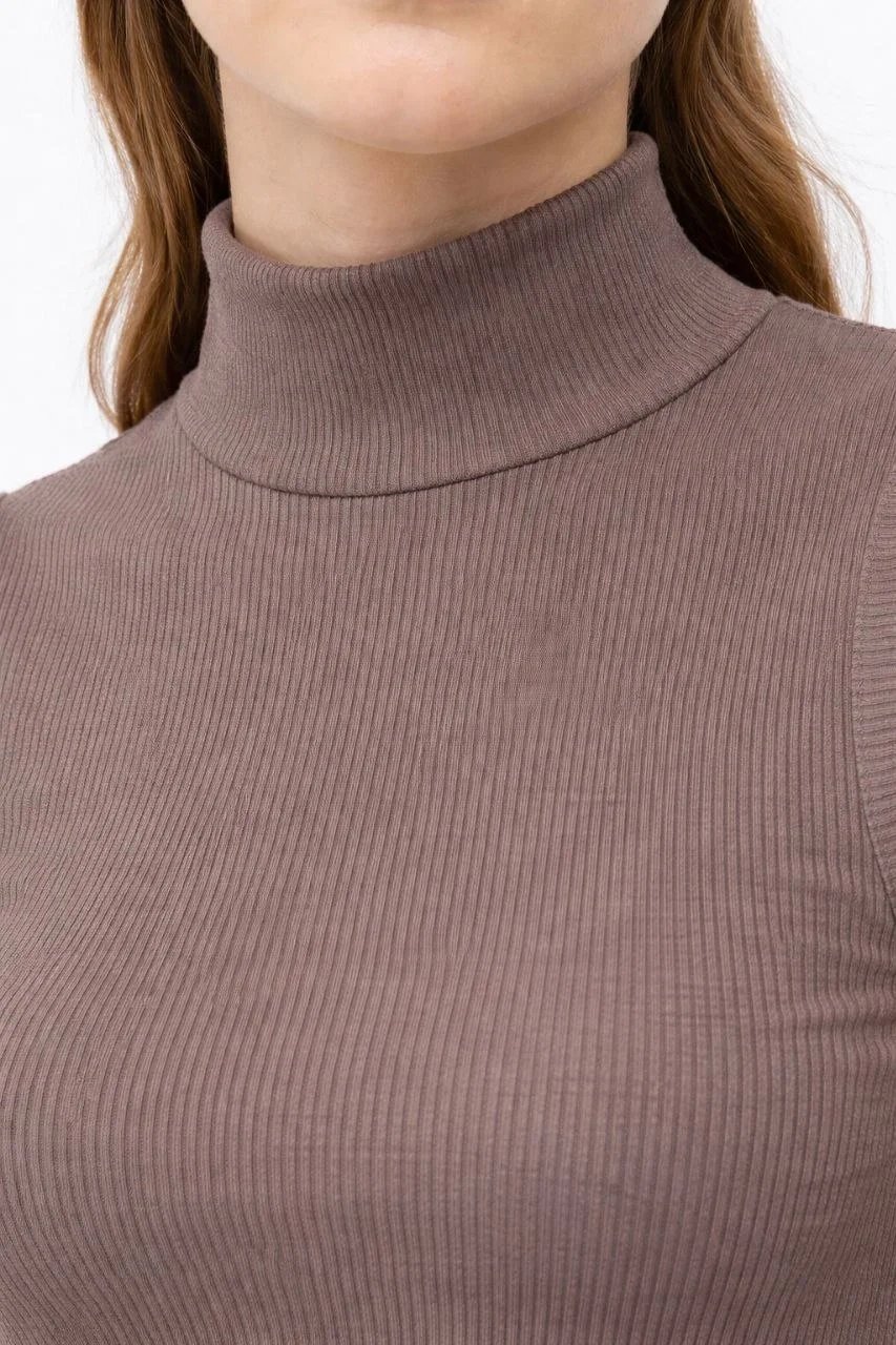 Women's Brown Ribbed Half Turtleneck Bodysuit Blouse 2