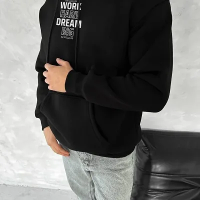 Muška crna 3-nitna pamučna kapuljača s kengur džepom i printom sweatshirt 1