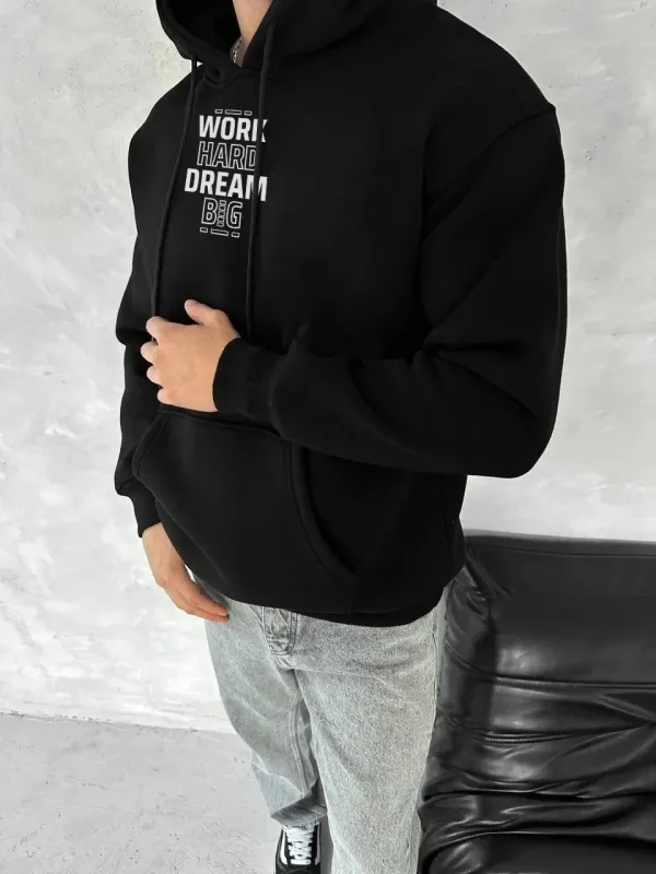 Muška crna 3-nitna pamučna kapuljača s kengur džepom i printom sweatshirt 1
