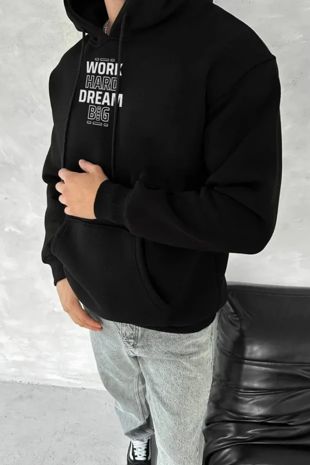 Sweatshirtê Mêran ê Reş ê 3 Têlî yê Pembû yê Bi Kevan û Bêrîkên Kanguruyî yê Çapkirî 1