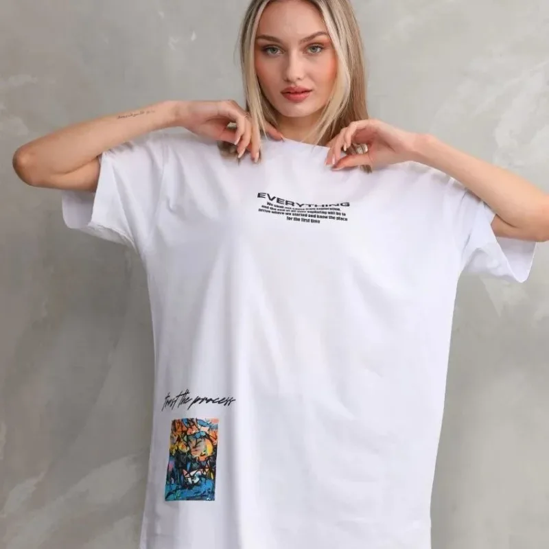 Женски Бел Oversize Бициклета Јака Печатена Маица