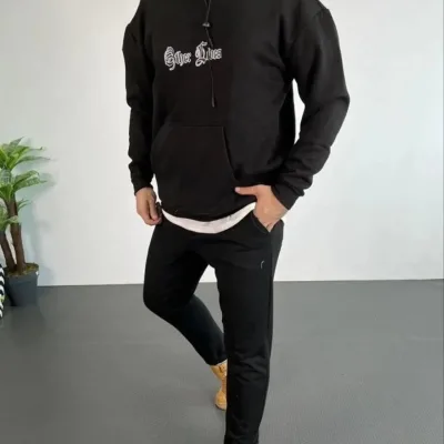 Pánska čierna oversized 3-niťová bavlnená mikina s kapucňou a potlačou 2