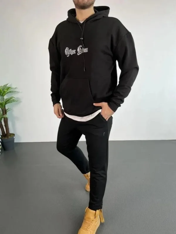 Pánska čierna oversized 3-niťová bavlnená mikina s kapucňou a potlačou 2