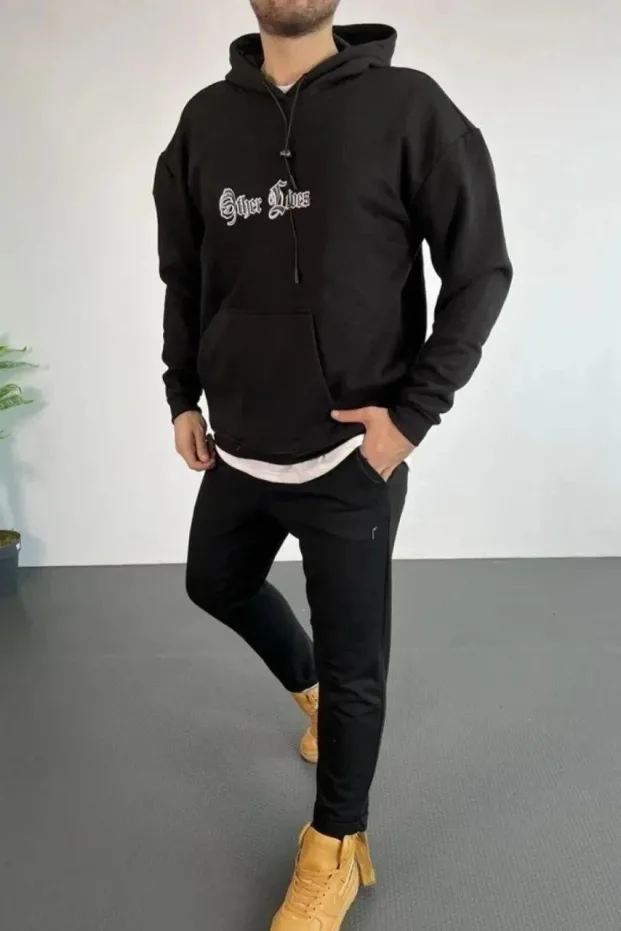 Kişi Qara Oversize 3 İplik Pambıqlı Çaprazlı Başlıqlı Sviter 2