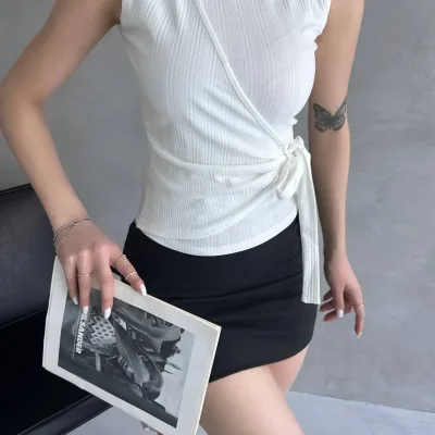 Strap Front Cross Tie Blouse White 3