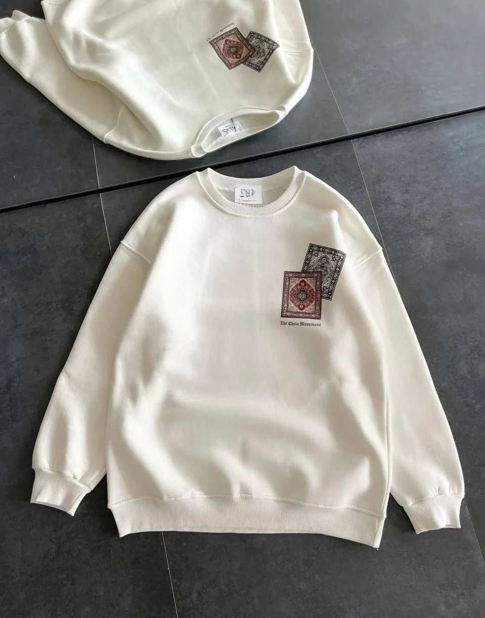 Kadın Beyaz Bisiklet Yaka Kilim Baskılı 3 İplik Pamuklu Sweatshirt