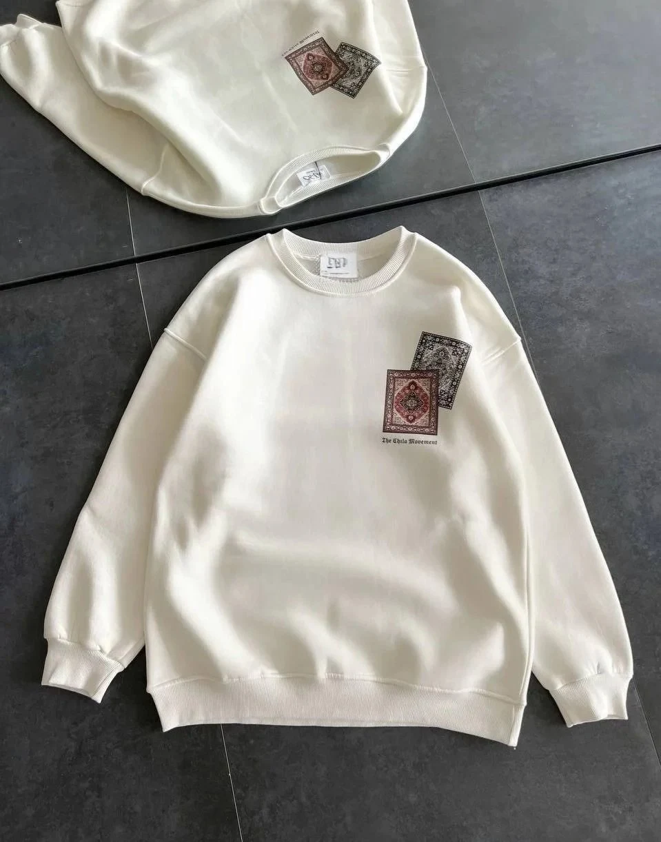 Femeie Albă Guler Bicicletă Imprimat Covor 3 Fire Bumbac Sweatshirt
