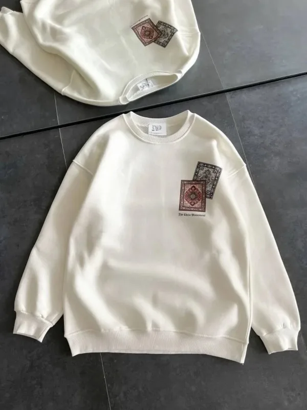 Women's White Scoop Neck Kilim Print 3-Thread Cotton Sweatshirt 1