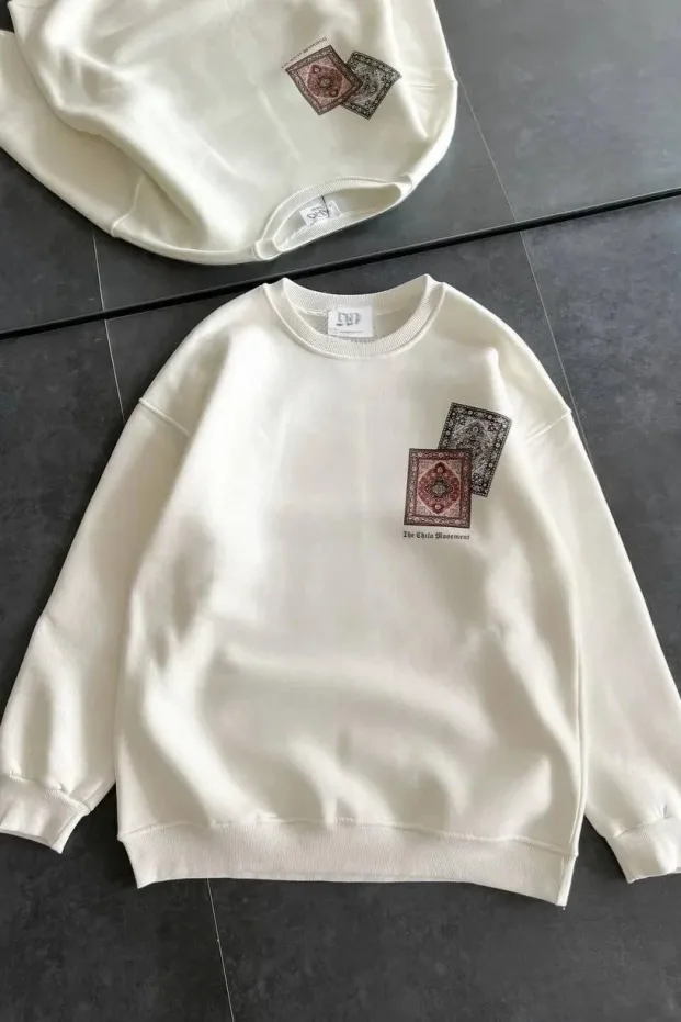 Női Fehér Kerékpárnyakú Kilim Nyomott 3 Szálas Pamut Sweatshirt 1