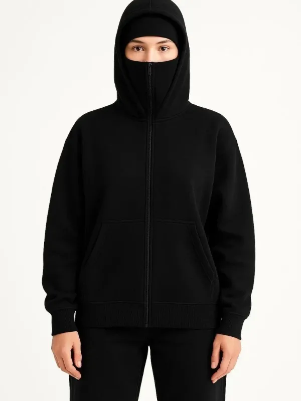 Femeie Neagră 3 Fire Dublă Glugă Mască Detalii Hoodie 4