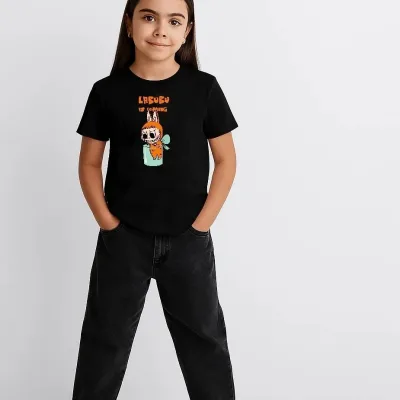 Girls Black Labubu Printed Oversize Children's T-Shirt 2