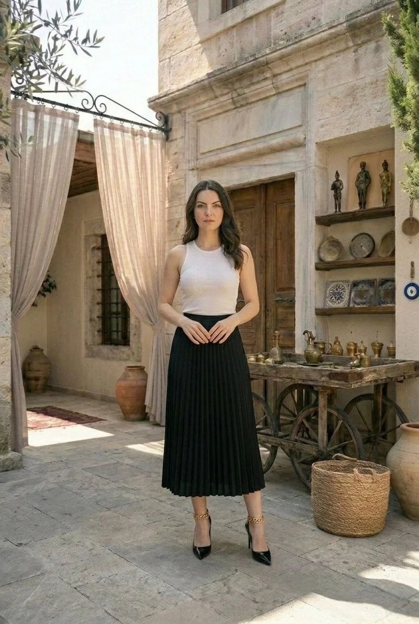 Ženska crna satenska plisirana midi suknja, elegantan i sofisticiran dizajn 4
