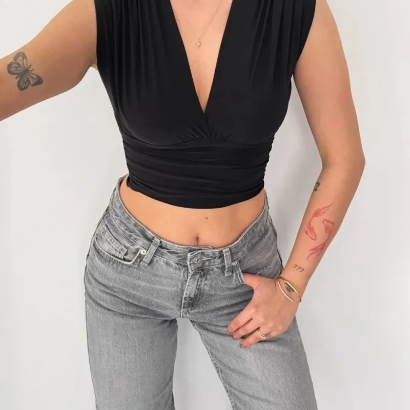 Dámska čierna s vypchávkami bez rukávov drapéria lycra crop blúzka