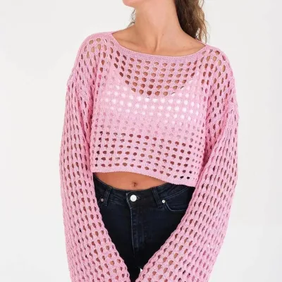 Ženska španski rukav široka kragna ažurna široka crop triko bluza 2